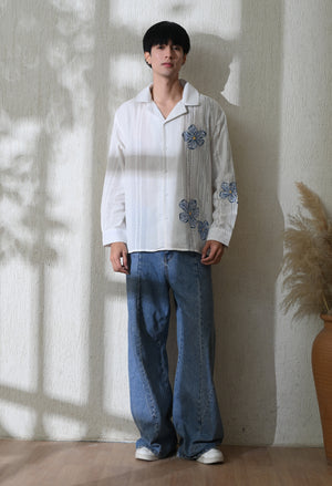 Men White Aqua Petals Embroidered Shirt
