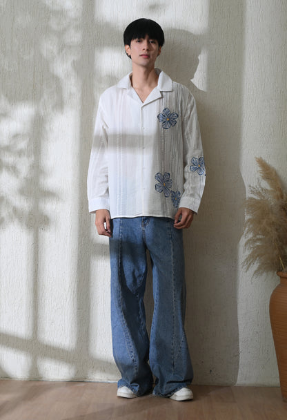 White Aqua Petals Embroidered Shirt
