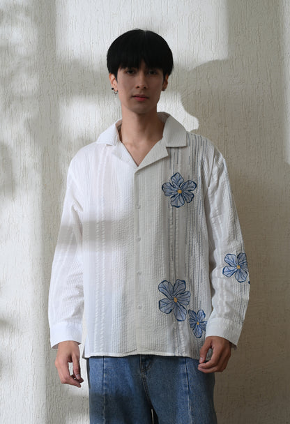 White Aqua Petals Embroidered Shirt