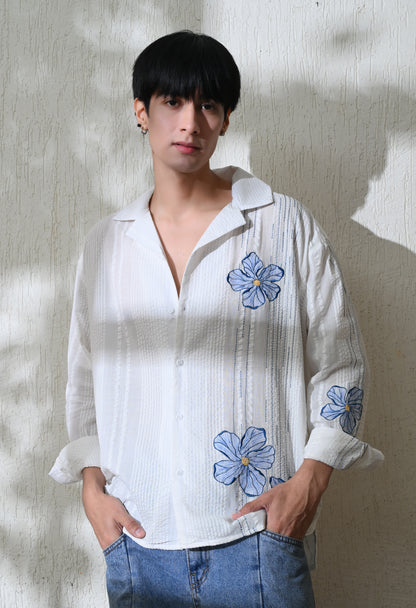 White Aqua Petals Embroidered Shirt