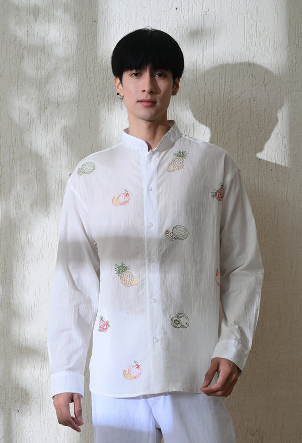Men White Fruit Vista Embroidered Shirt