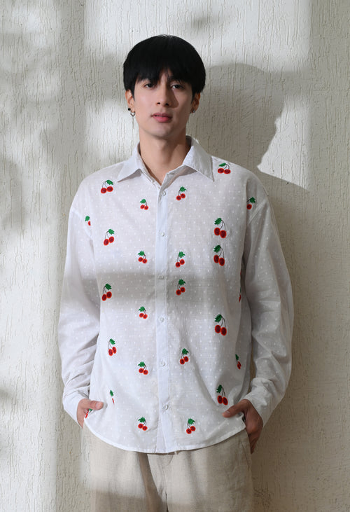 Men White Cherry Pop Embroidered Shirt