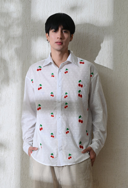 Men White Cherry Pop Embroidered Shirt
