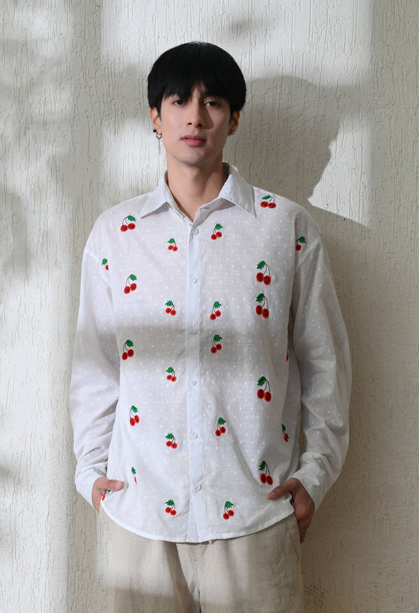 Men White Cherry Pop Embroidered Shirt