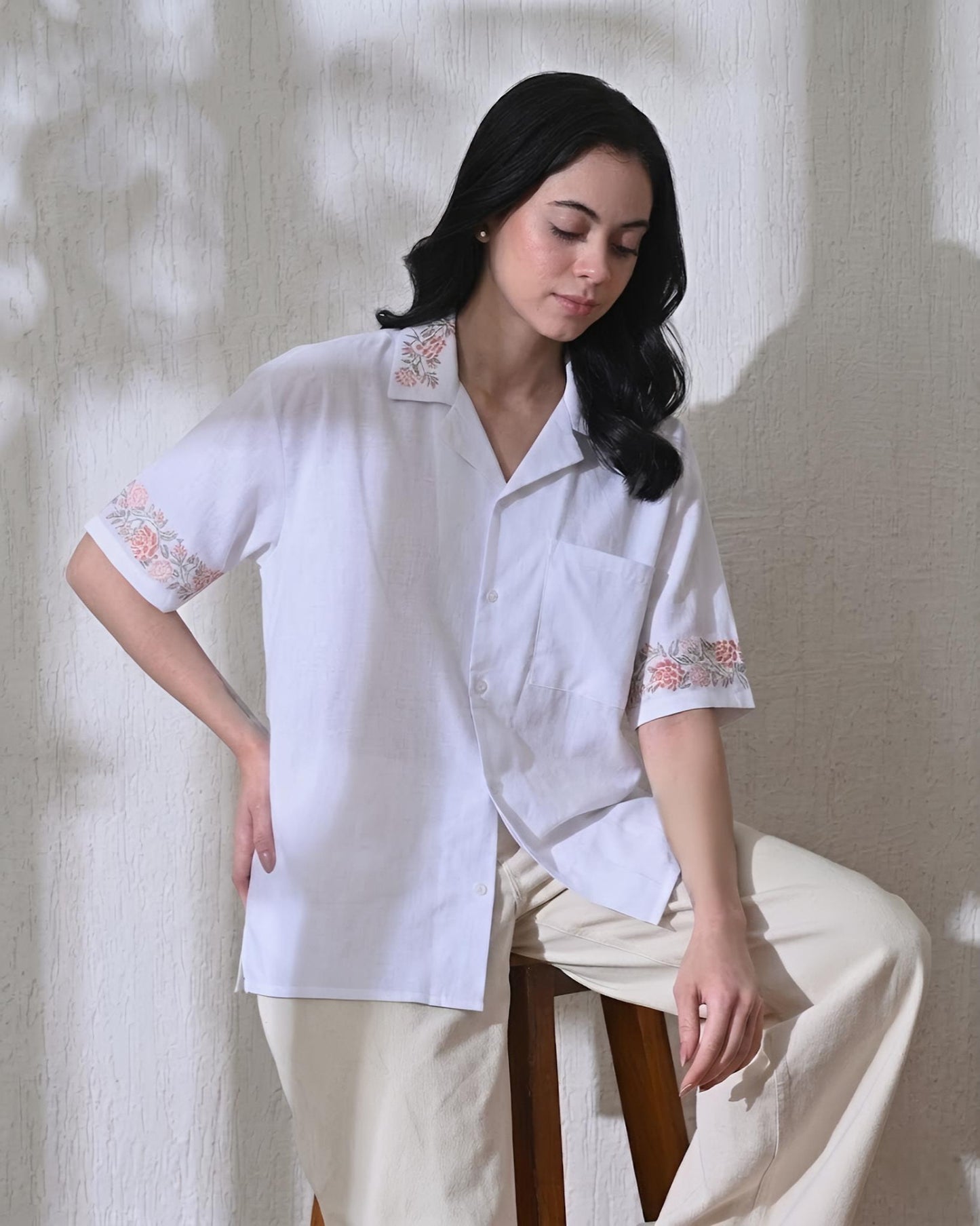 Women White Vintage Floral Shirt